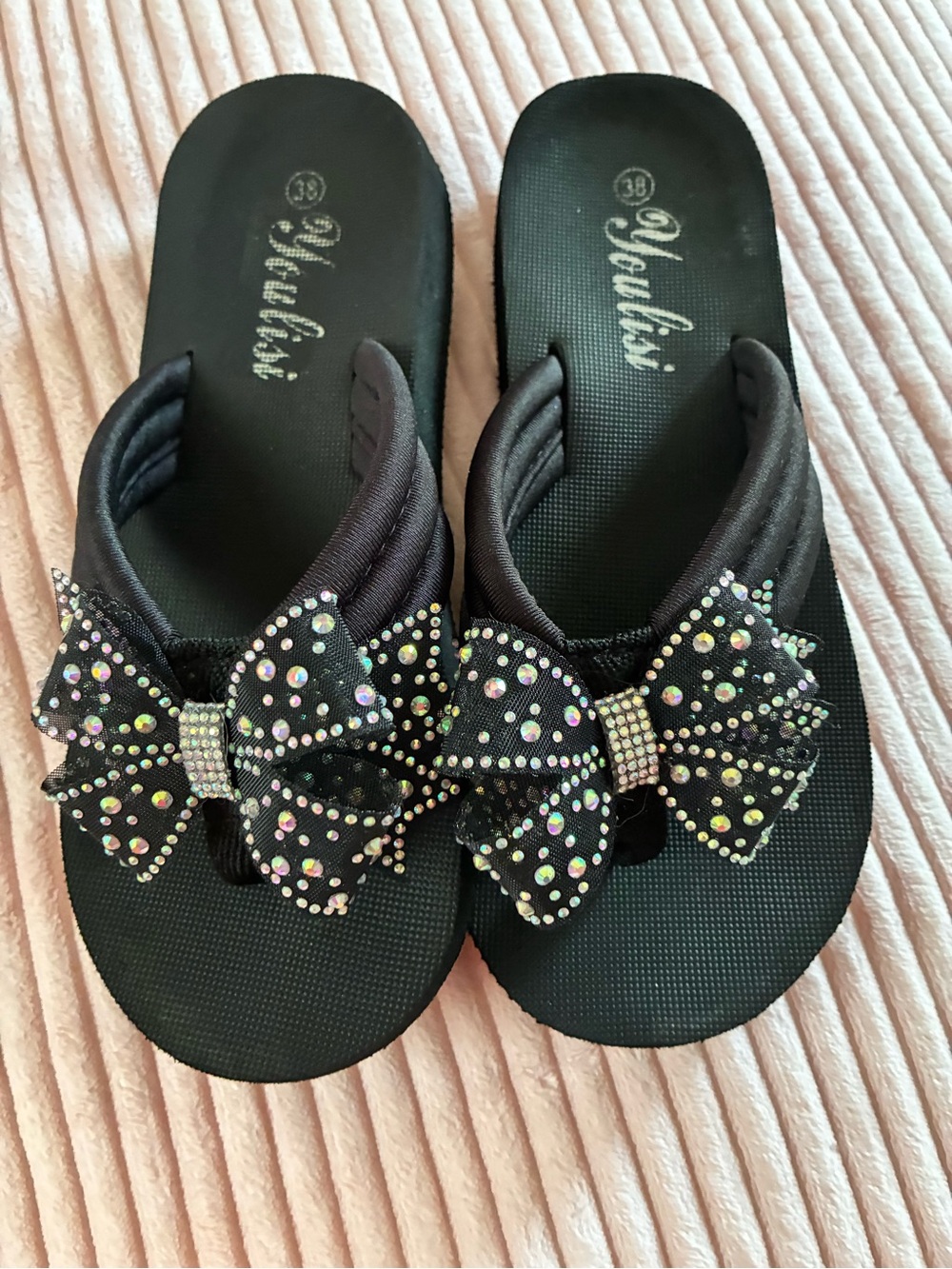 Women's Black Bow Slide Sandals with Rhinestones